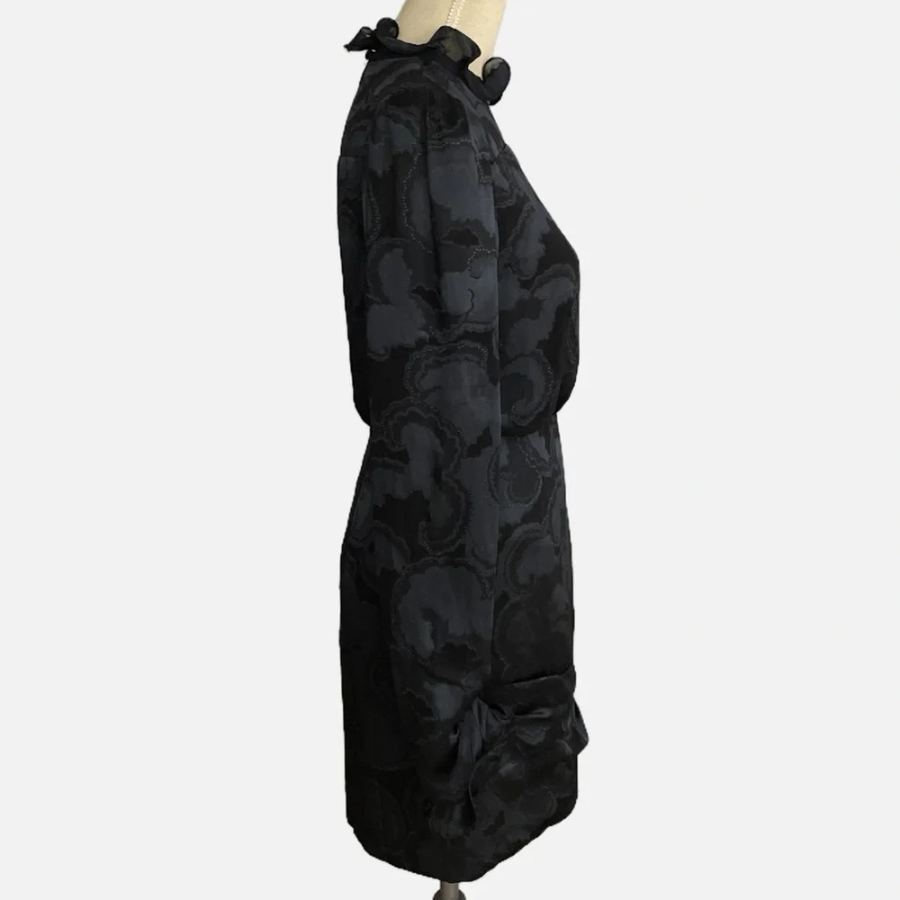 Saloni Floral Print Mini Dress Size US 4 Black‎ Grey Ruffles Long Sleeve Silk - Picture 5 of 12